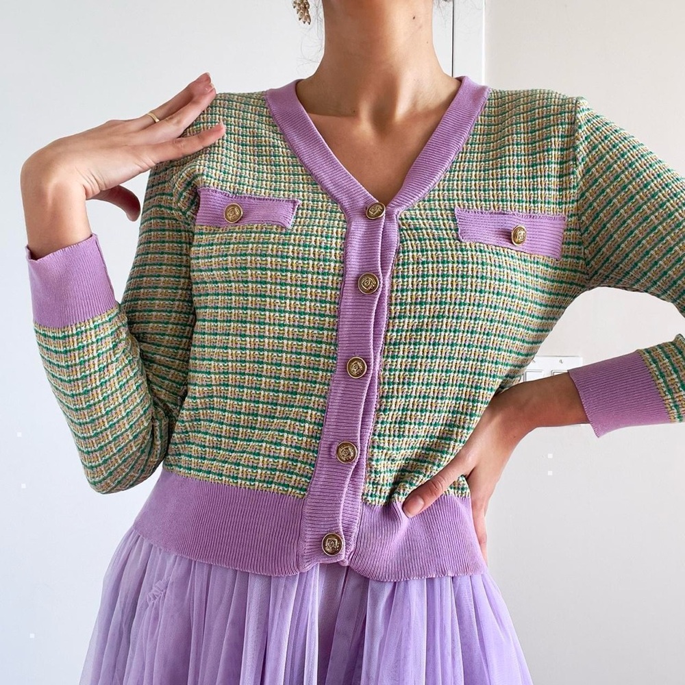 Green Lilac Purple Plaid Tweed Knit Cardigan with Gold Buttons | Size S-M